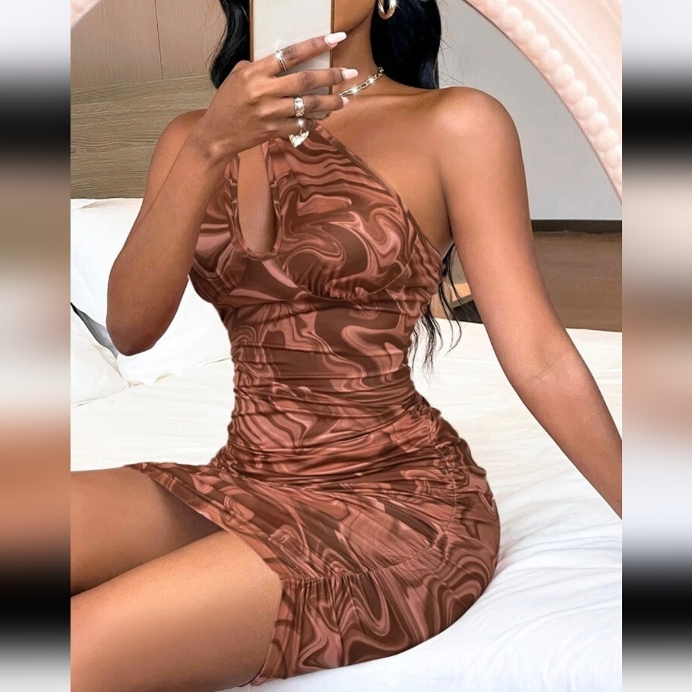 All Over Print Ruched One Shoulder Bodycon Dress